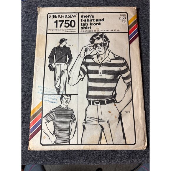 Stretch & Sew 1750 Mens T-Shirt & Tab Front Shirt Sewing Pattern Chest Sizes 34- - Picture 1 of 5